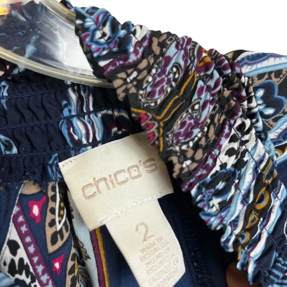 Chicos Sz 2 US L / 12 Paisley Print Smocked‎ Mock Neck Long Sleeve Blouse - Picture 5 of 9